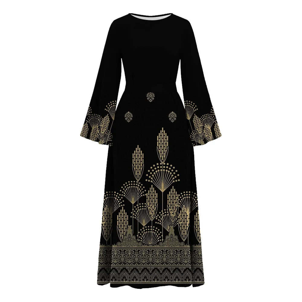 Muslim Islam Sederhana O-leher Hitam Abaya Demure Berkobar Lengan Muslim Abaya Lace Corak Cetak Dubai Maghribi Tunik Gaun Dengan Tali Pinggang