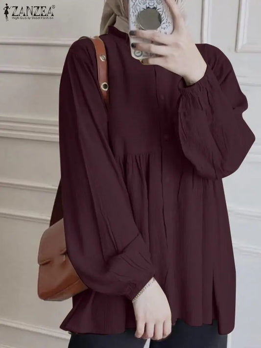 ZANZEA Fashion Muslim Tops Femme Warna Solid Blaus Lengan Panjang Kasual Longgar Kemeja Ruffles Labuh Pakaian Islami Abaya Kaftan