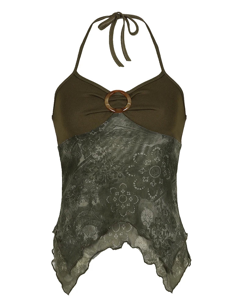 Sweetown Retro Forest Green Cetakan Vintaj Boho Y2K Kamisol Tali leher Halter Tanpa Belakang Atasan Asimetri Pakaian Percutian Musim Panas Wanita