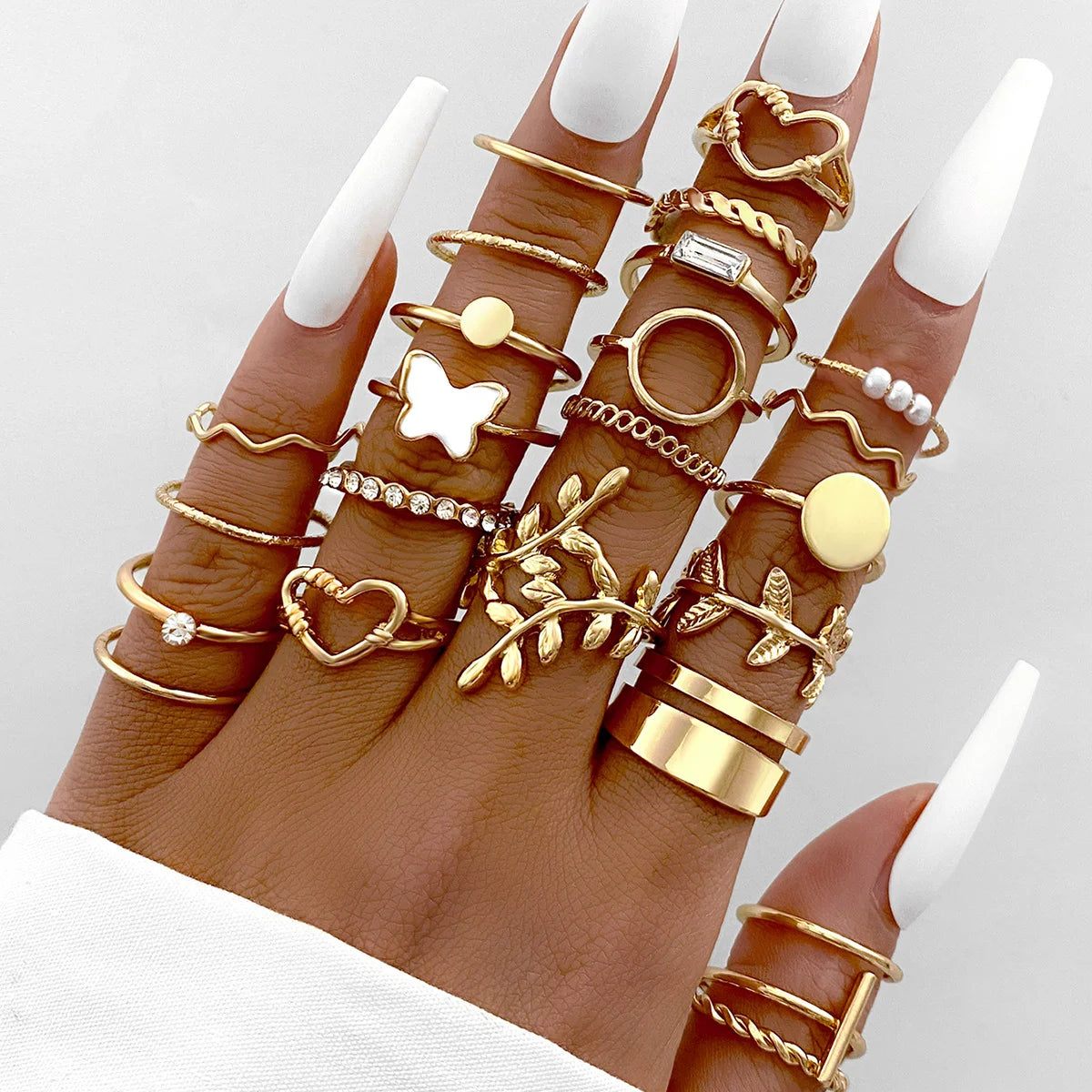 47Pcs/Set Vintage Gold Color Heart Rings Set For Women Men Hollow Butterfly Pearl Crystal Geometric Rings Trendy Finger Jewelry