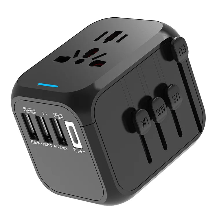 Dengan 3 penyesuai kuasa USB dan Jenis C untuk pengecasan pantas palam perjalanan EU/UK/AS/Australia, penyesuai perjalanan antarabangsa USB 5V 3A