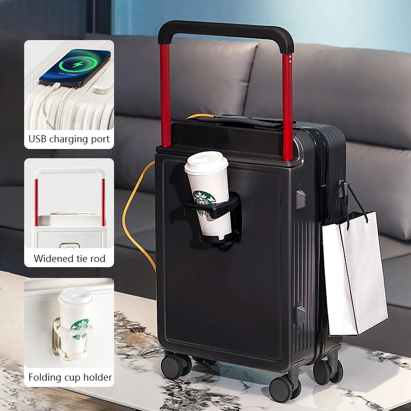 Rekaan Baharu Pemegang Lebar Beg Perjalanan Beg Tangan Bawaan Sarung Troli Bagasi Dengan Pemegang Cawan Pengecasan USB 20 Inci Kabin Bagasi bergolek