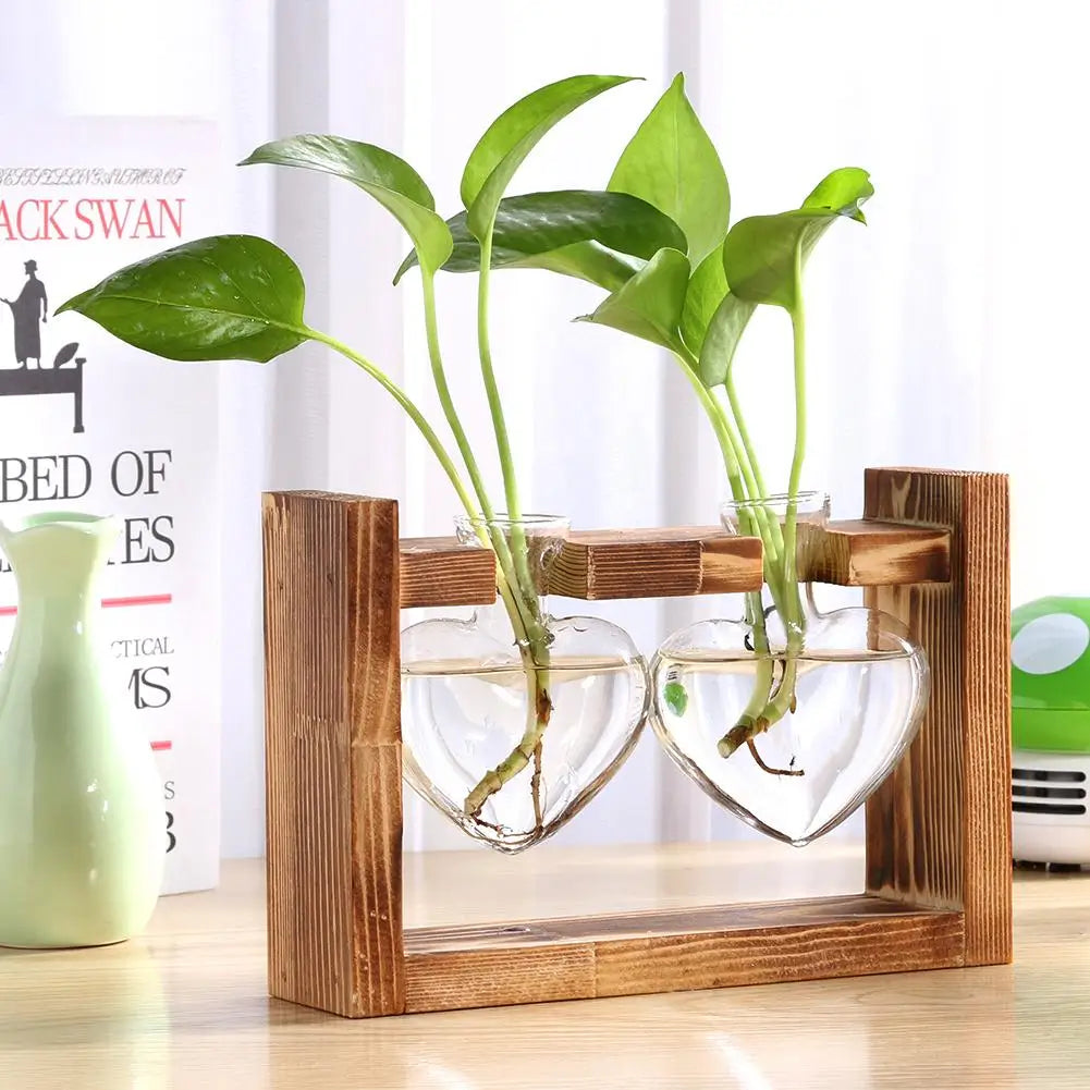 Pasu Kaca Lutsinar Bingkai Kayu Seni Besi Terarium Hiasan Meja Bonsai Pasu Bunga Meja Hidroponik Pot Bunga Tanaman