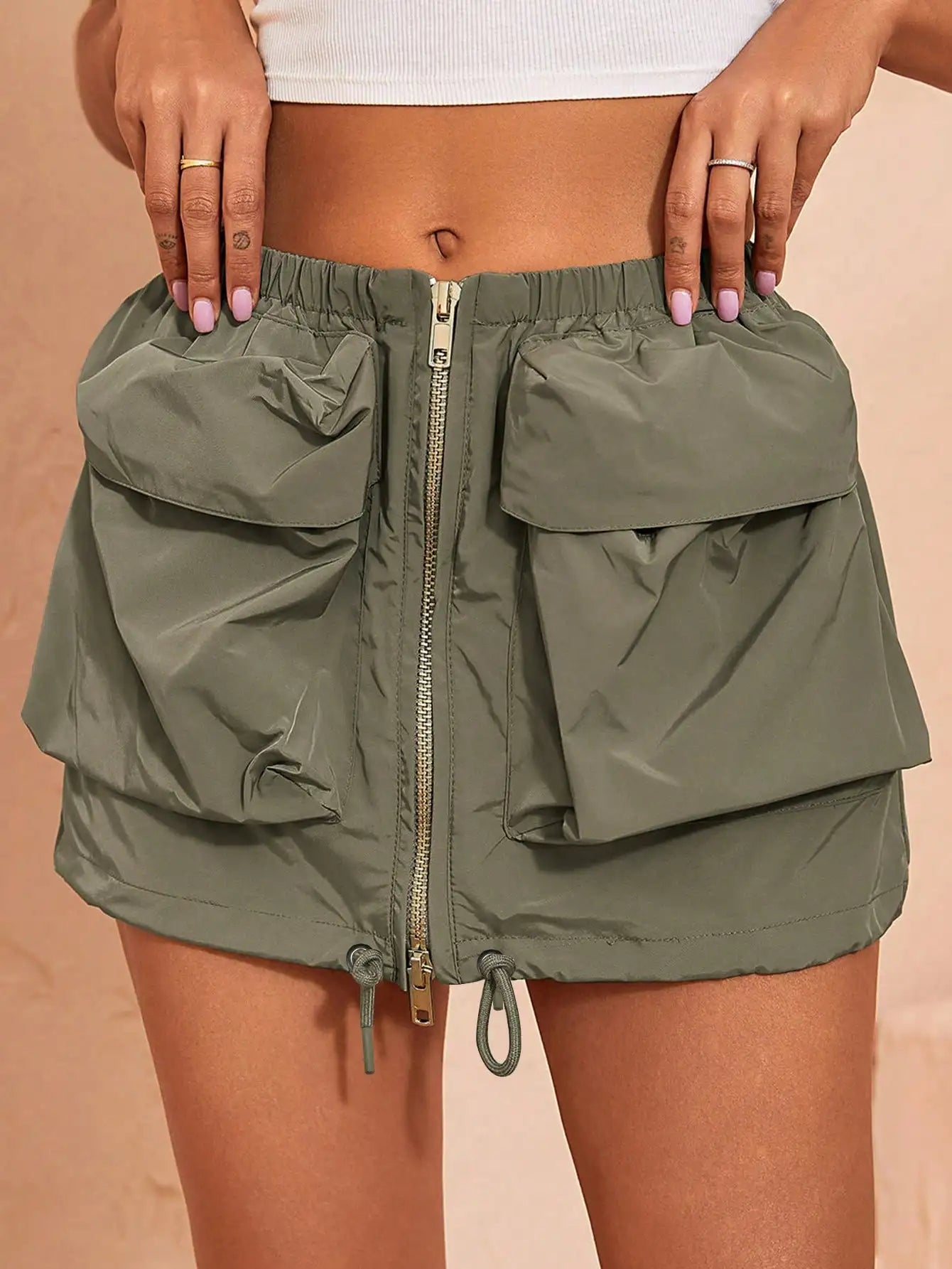 Skirt Kargo Fesyen Wanita Y2K Vintage Flap Poket Zip Labuh Tali Serut Depan Pinggang Elastik Wanita Musim Panas Skirt Kasual Streetwear