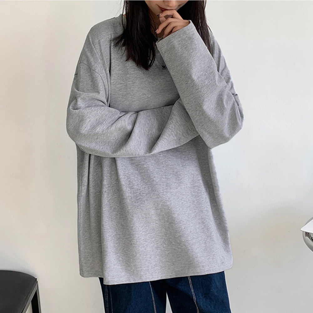 100% Cotton 2024 Spring New Long sleeve T-Shirt Women Basic Tee Shirt Oversize T Shirt Women Casual O-neck Women Tshirt US size