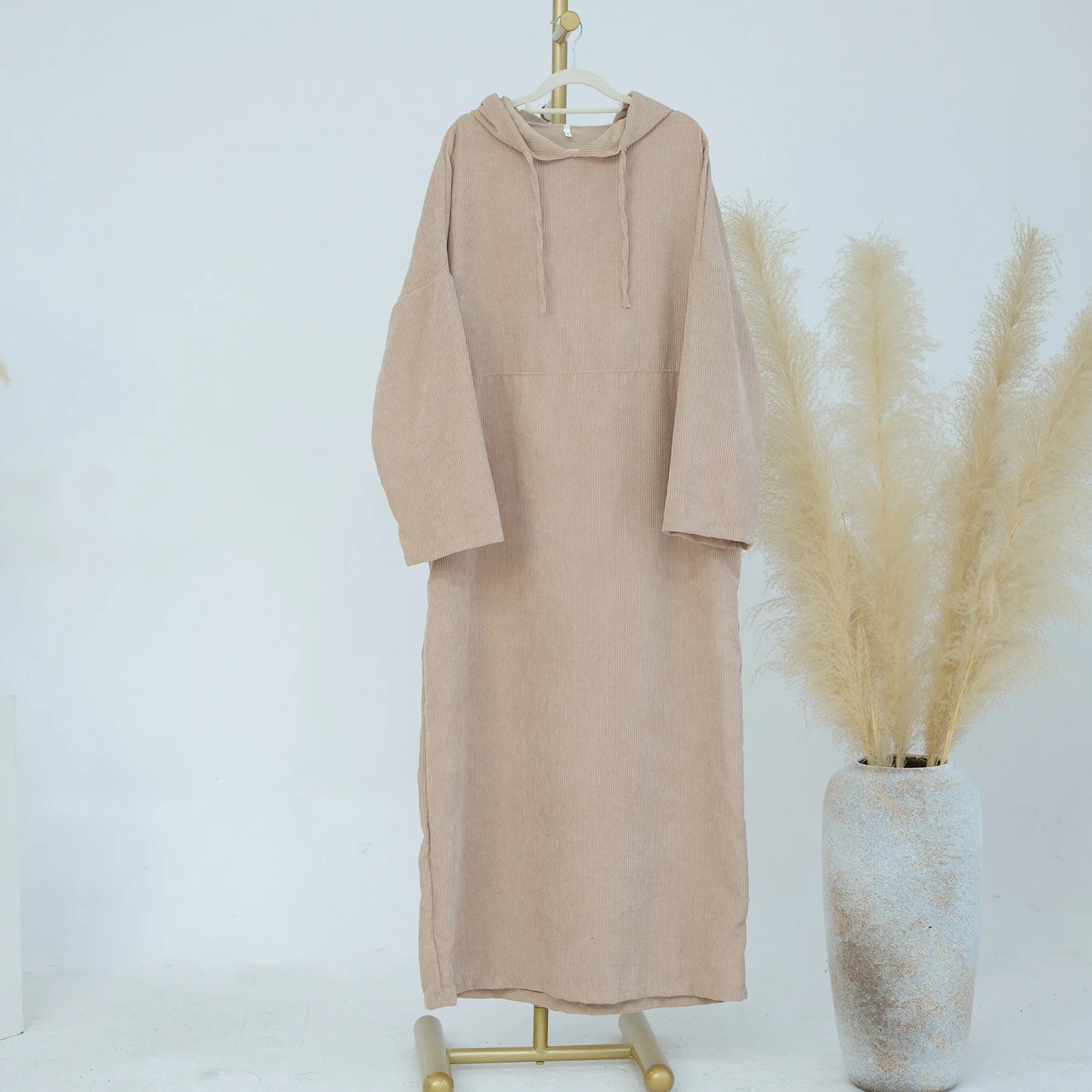 Tali Serut Corduroy Abaya Tertutup Longgar Kasual Musim Sejuk Wanita Muslim Pakaian Solat Pakaian Kaftan Kebaya Turki Gaun Plus Saiz