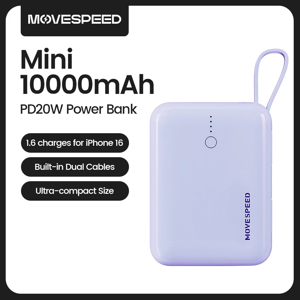 MOVESPEED Q10Plus 20W Power Bank 10000mAh Bateri Luaran Mudah Alih dengan Kabel Cas Cepat Mini Powerbank untuk iPhone 16 Samsung