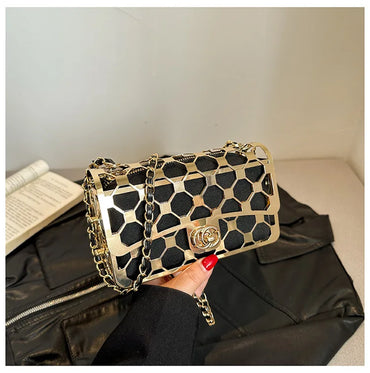 Female Metal Shoulder Crossbody Bag Luxury Designer Handbags Fashion Trendy Hollow Chain Mini Square Bags For Women