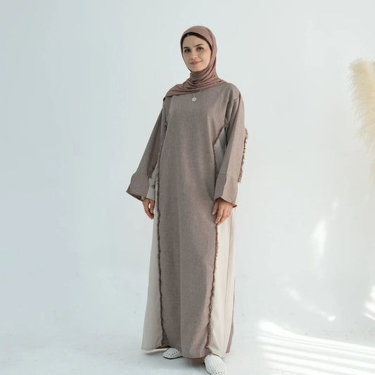 Abaya Tertutup Berjumbai Dua Nada Pakaian Hijab Muslimah Abaya Poket Perca untuk Wanita Dubai Mewah Turki Pakaian Islam Jubah Kaftan