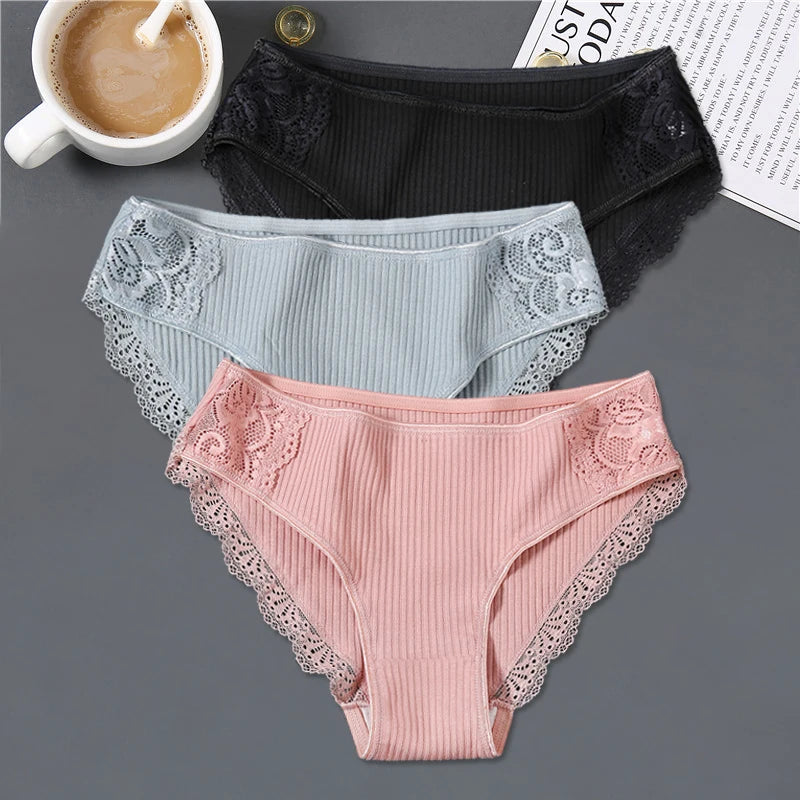 3Pcs/set Women's Cotton Panties M-2XL Women Patchwork Lace Underwear Sexy Low Waist Briefs Ladies Comfortable Underpants 2022