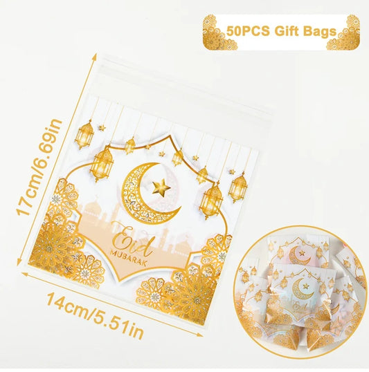 50pcs Eid Mubarak Gift Bags Plastic OPP Candy Cookie Bag Ramadan Kareem Decoration Party Supplies Muslim Party Eid Al Adha Gifts