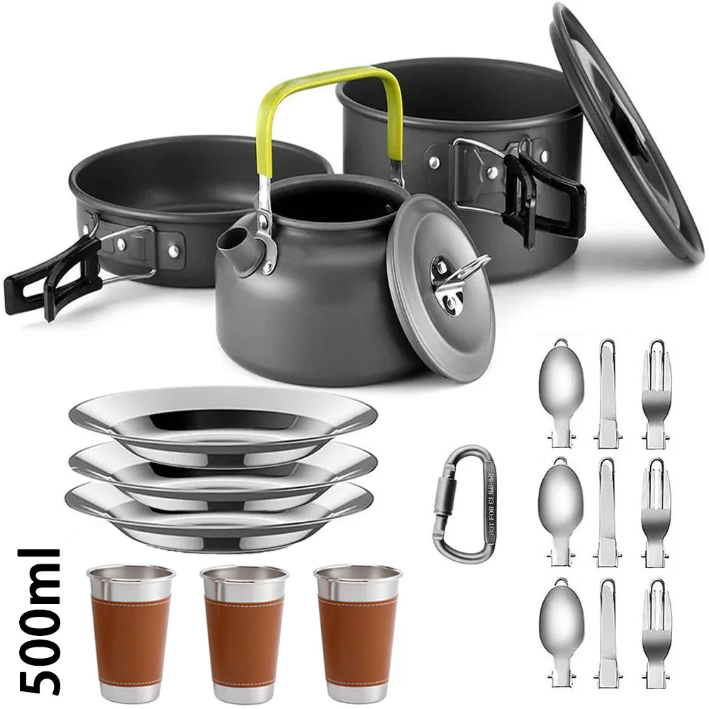 Set Memasak Perkhemahan Alat Memasak Perkhemahan Perjalanan Pinggan Makan Set Berkelah Luaran Teko Untuk 2-3 Periuk Tidak melekat Peaple Set pelbagai jenis