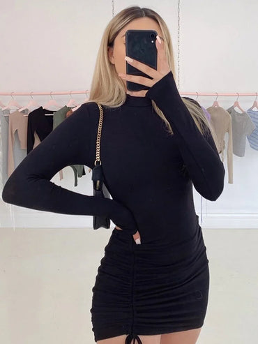 Gaun Bodycon Ruched Lengan Panjang Wanita Pakaian Mini Pembalut Turtleneck Musim Gugur Hitam Kurus Stretchy Vestidos
