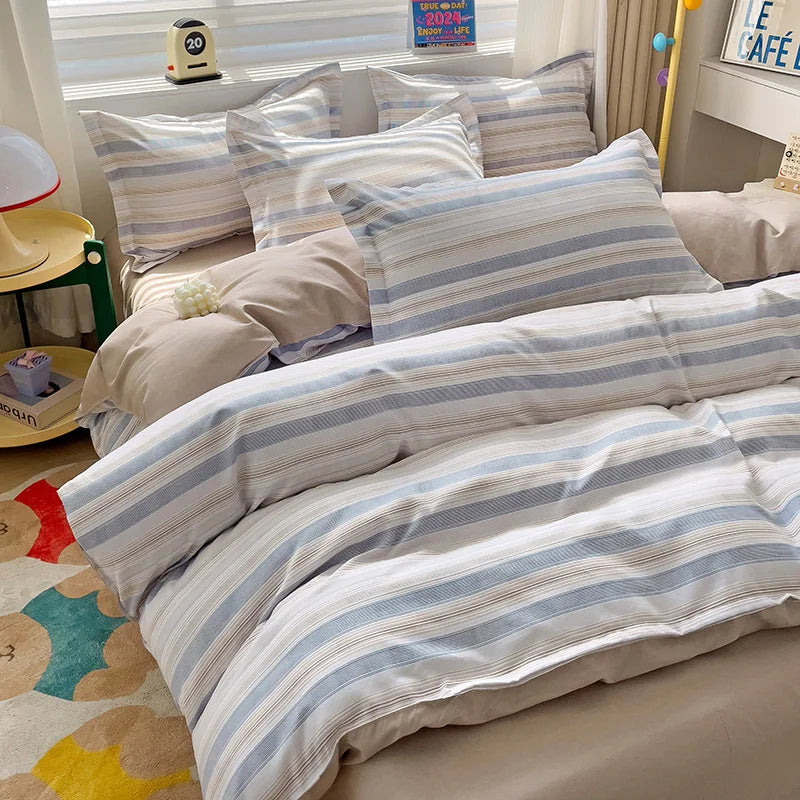 4 Piece, 100% Cotton Bedding Set, 4 Piece Bed Sheet Comforter Set, Simple Striped Check Couple Bed Quilt Set