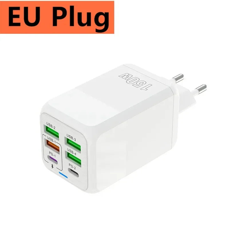 150W 6 Ports Pengecas Cepat Penyesuai Dinding Pengecasan Super Cepat PD QC 3.0 Usb C Untuk iphone Samsung ipad Xiaomi Huawei Oneplus