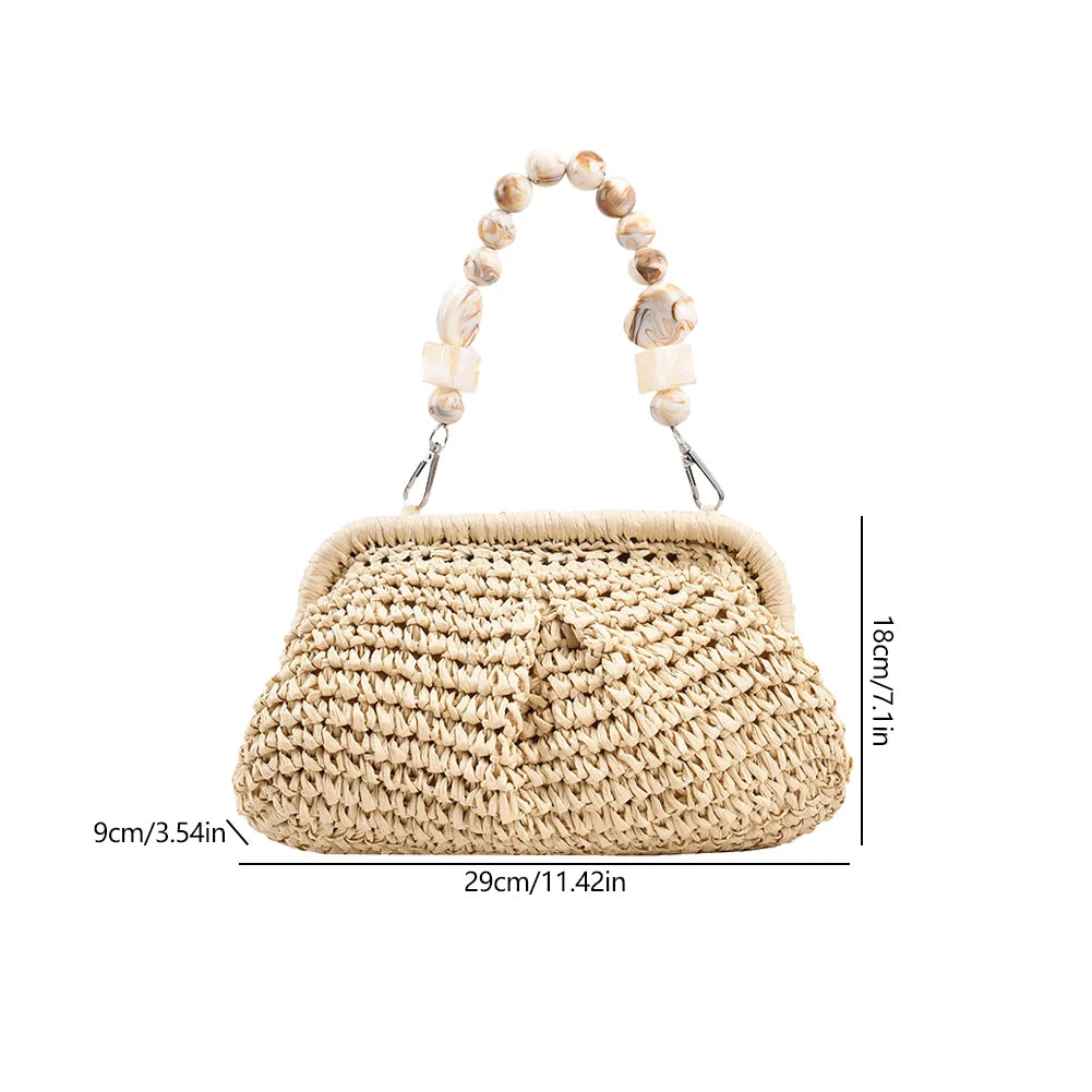 Luxury Designer Trendy Straw Weaving Shoulder Bag Versatile Small Beading Handbag For Women Summer Casual Beach Bag Travel Purse
