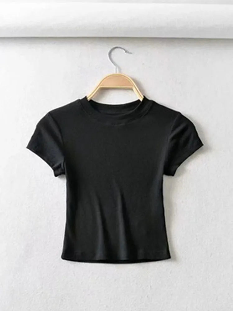 Musim Panas Wanita Seksi O-leher lengan pendek T-shirt Slim Elastik Kurus Atasan Tanaman