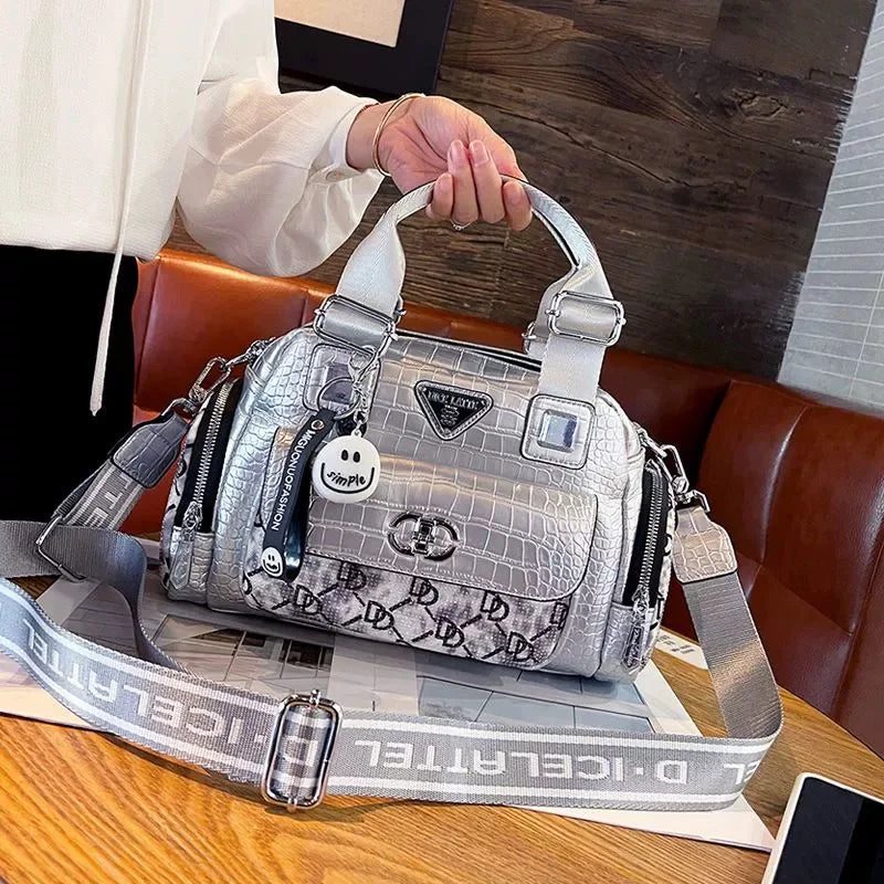 Beg Tangan Boston Glamour Besar - Beg Crocodile Crossbody yang Luas Dengan Penutupan Zip, Berbilang poket dan Pemegang Selesa