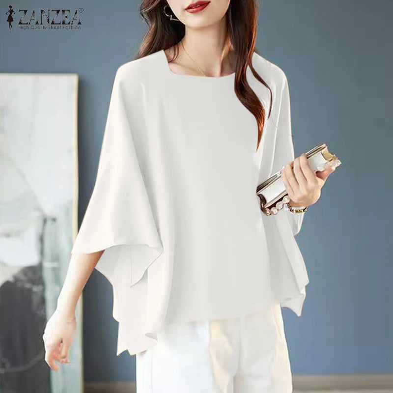 ZANZEA Women Ladies Designer Tops Dolman 3/4 Sleeve Blouse 2024 Summer Round Neck Shirt Casual Baggy Blusas Elegant Office Tunic