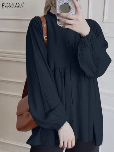ZANZEA Fashion Muslim Tops Femme Warna Solid Blaus Lengan Panjang Kasual Longgar Kemeja Ruffles Labuh Pakaian Islami Abaya Kaftan