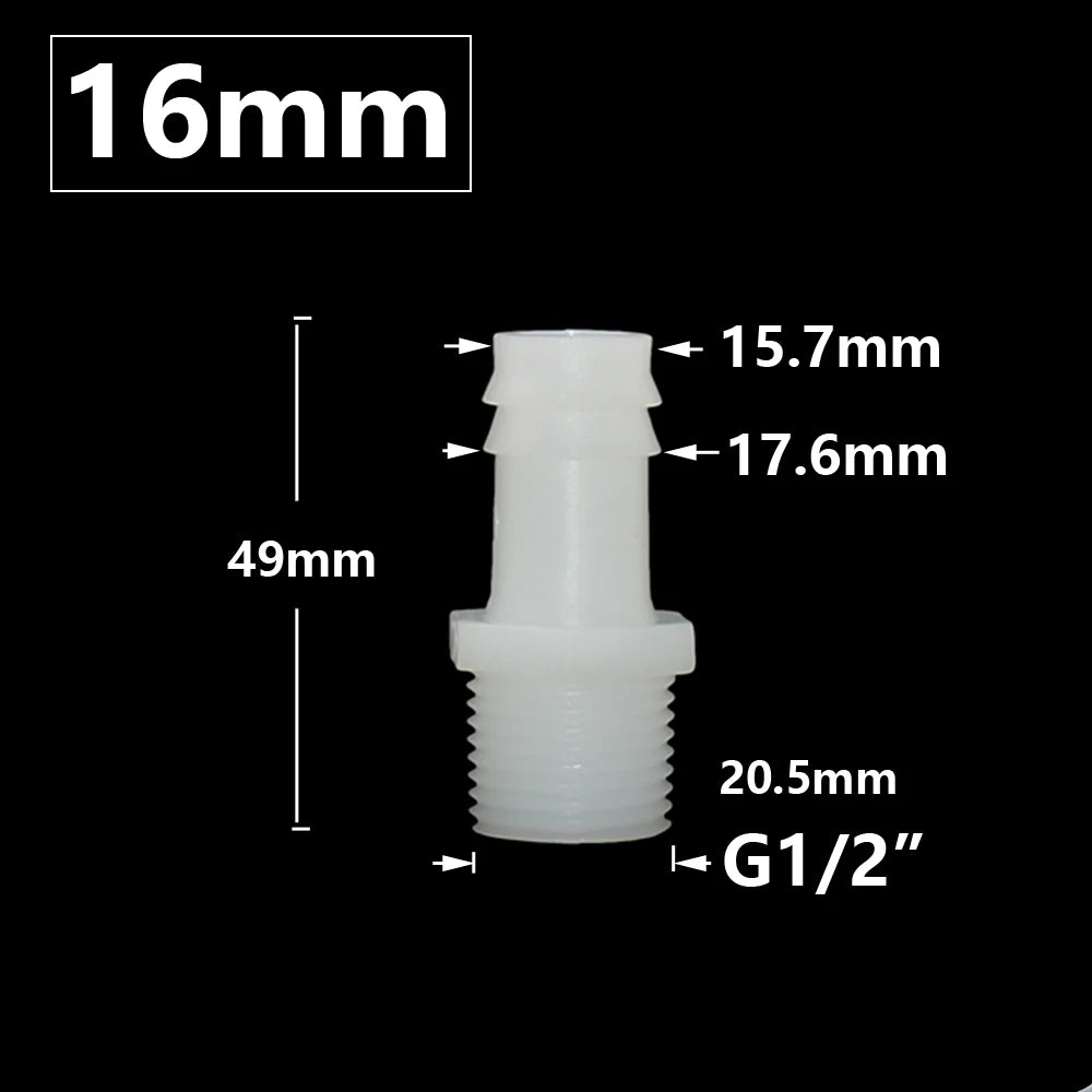 Plastic Pipe Fitting 4mm 6mm 8mm 10mm 12mm 14mm 16mm 18mm 20mm Hose Barb Connector 1/2" Male Thread Connector Coupler