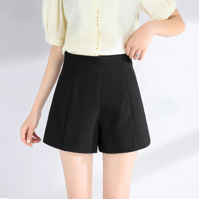 Suit Seluar pendek Wanita Pinggang Tinggi Seluar pendek A-line Musim Bunga Musim Panas Kasual Longgar Kaki Lebar Seluar Pendek Sifon Wanita Hitam Putih