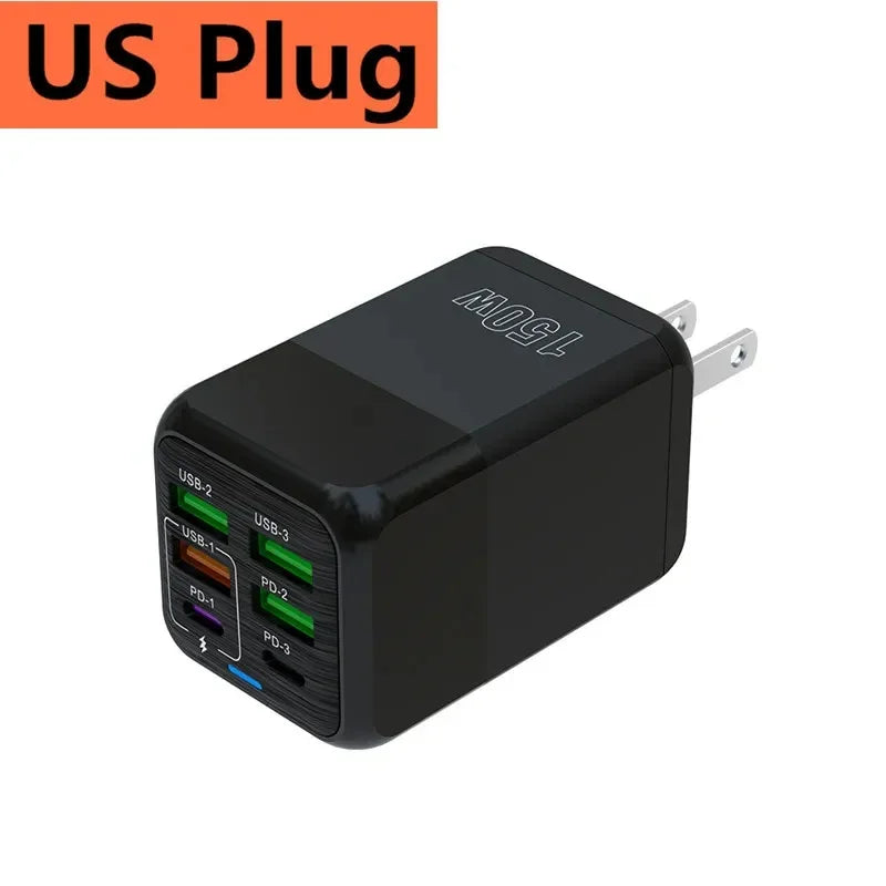 150W 6 Ports Pengecas Cepat Penyesuai Dinding Pengecasan Super Cepat PD QC 3.0 Usb C Untuk iphone Samsung ipad Xiaomi Huawei Oneplus