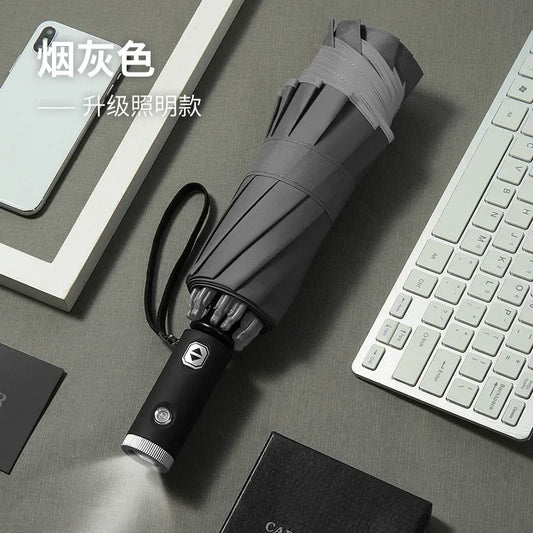 Automatic Umbrella with LED Flashlight Reflective Stripe Reverse Light Umbrella Three Folding Inverted 10 Ribs