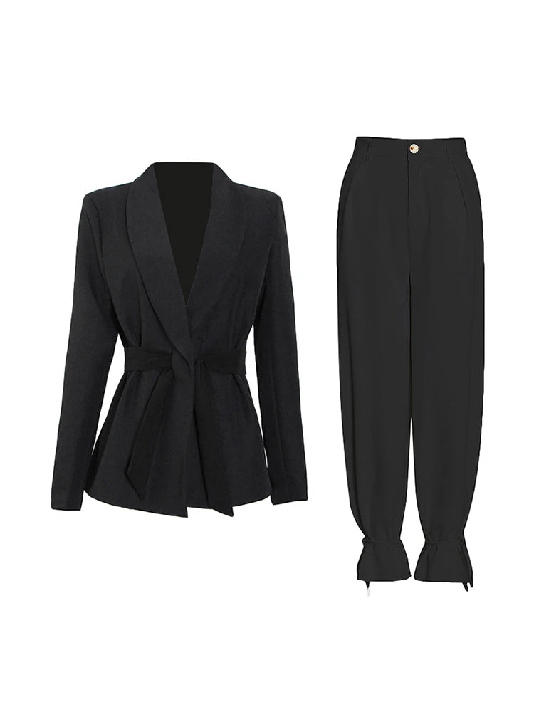 TWOTWINSTYLE Warna Pejal Korea Set Dua Keping Blazer Wanita Tali Pinggang Tinggi Bertali Sut Seluar Lurus Wanita 2022 Fesyen Baru
