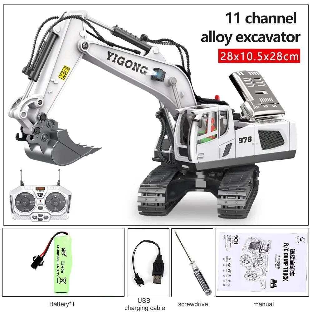 2.4G High Tech 11 Channels RC Excavator Dump Trucks Jentolak Aloi Kejuruteraan Plastik Kenderaan Mainan Elektronik Untuk Hadiah Lelaki
