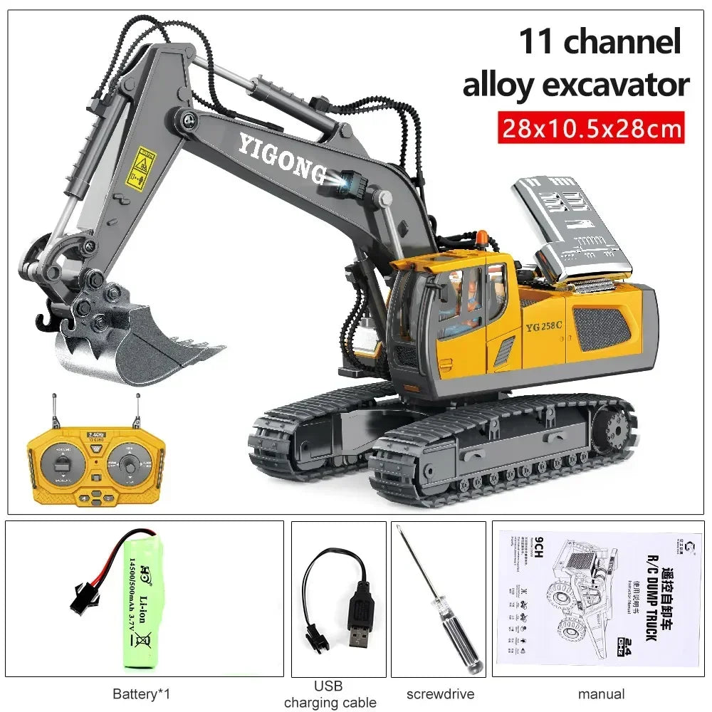 2.4G High Tech 11 Channels RC Excavator Dump Trucks Jentolak Aloi Kejuruteraan Plastik Kenderaan Mainan Elektronik Untuk Hadiah Lelaki