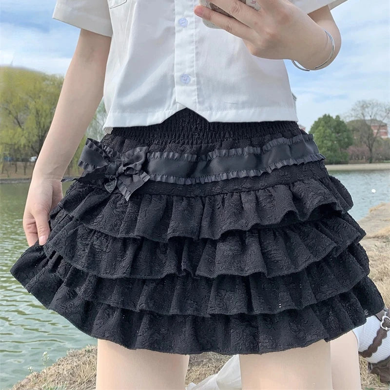 Skirt Mini Kawaii Lolita Gaya Jepun Wanita Gothic Rok Pinggang Tinggi Ruffle Berperingkat Sweet Girly Musim Panas Harajuku Skirt Pendek Y2k