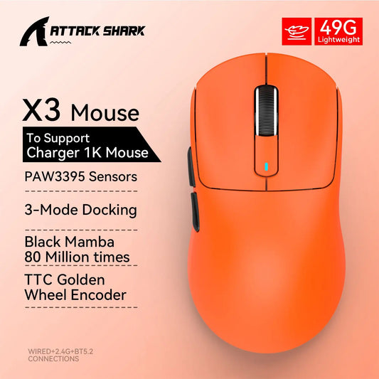 Attack Shark X3 mouse , 49g Lightweight Mouse Pixart 3395 Gaming Mouse Wireless 2.4G Bluetooth Gaming Esport Mouse Laptop