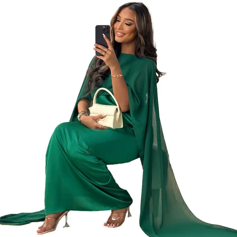 Muslim Women's Round Neck Loose Robe Chiffon Long Dress Abayas for Women Robe Longue Muslim Dress