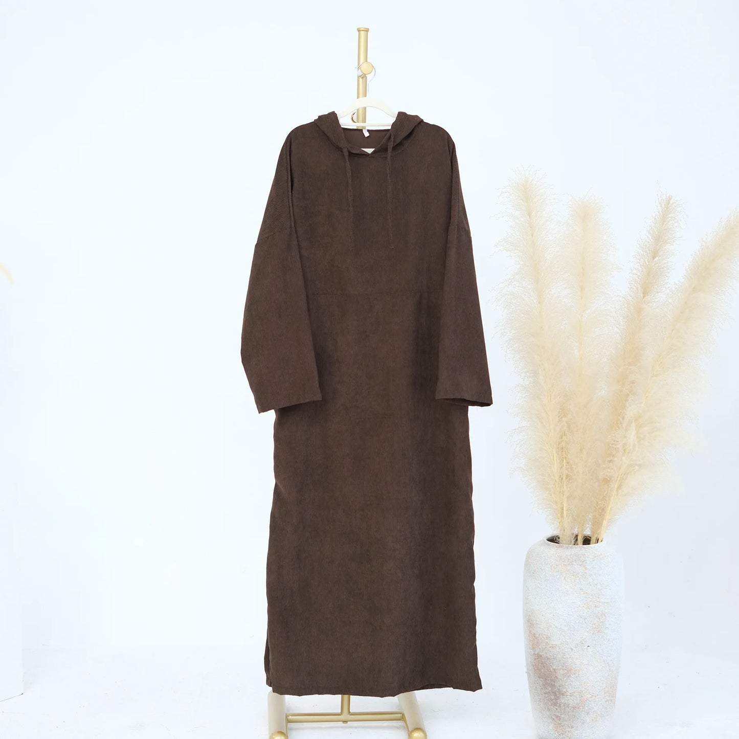 Tali Serut Corduroy Abaya Tertutup Longgar Kasual Musim Sejuk Wanita Muslim Pakaian Solat Pakaian Kaftan Kebaya Turki Gaun Plus Saiz