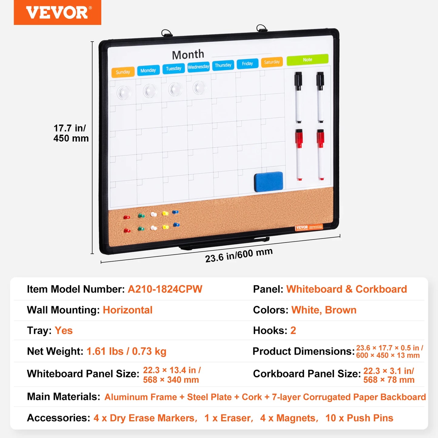 VEVOR Whiteboard & Cork Board 2-in-1 Magnetic Dry Erase/with Linen Surface Bulletin Board for Wall Mount for School Home Office
