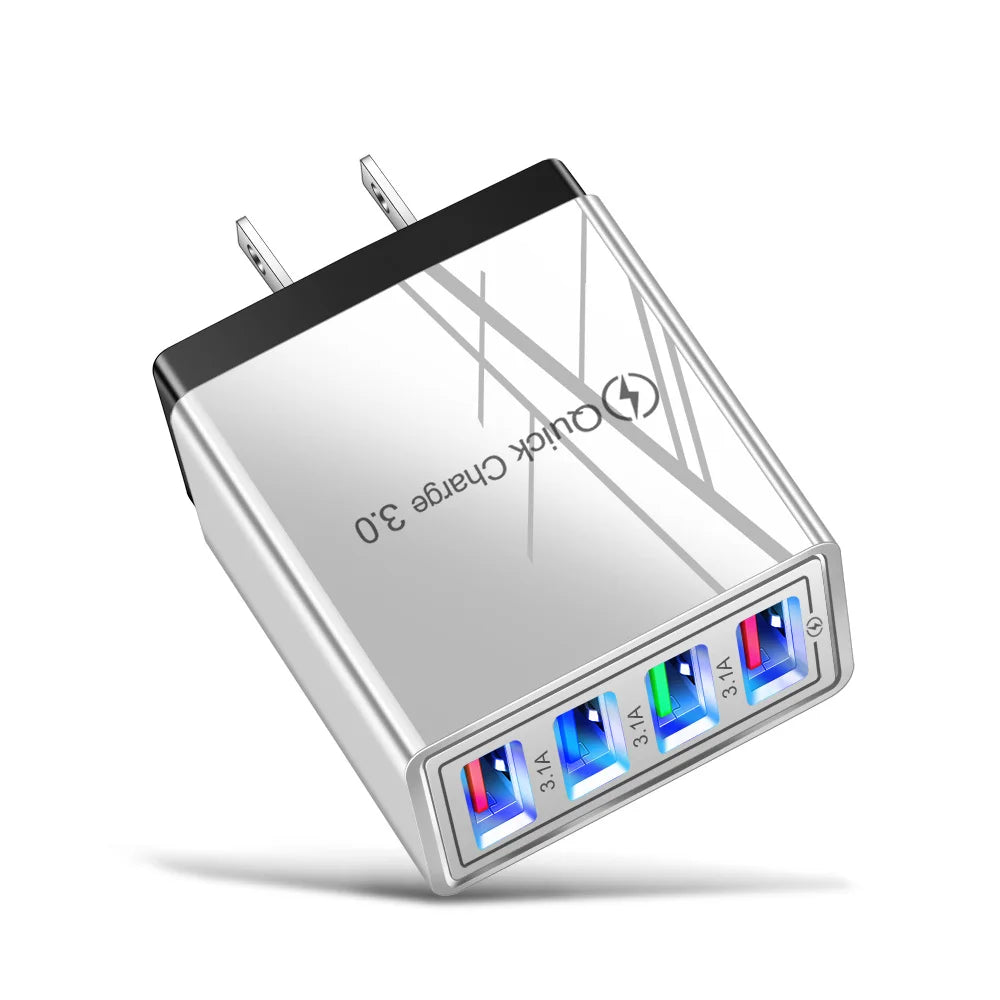 3.1A EU US 4USB Ports AC Perjalanan Rumah Pengecas Dinding Penyesuai Kuasa Untuk IPhone 12 13 14 15 Pro Max Samsung Xiaomi Huawei