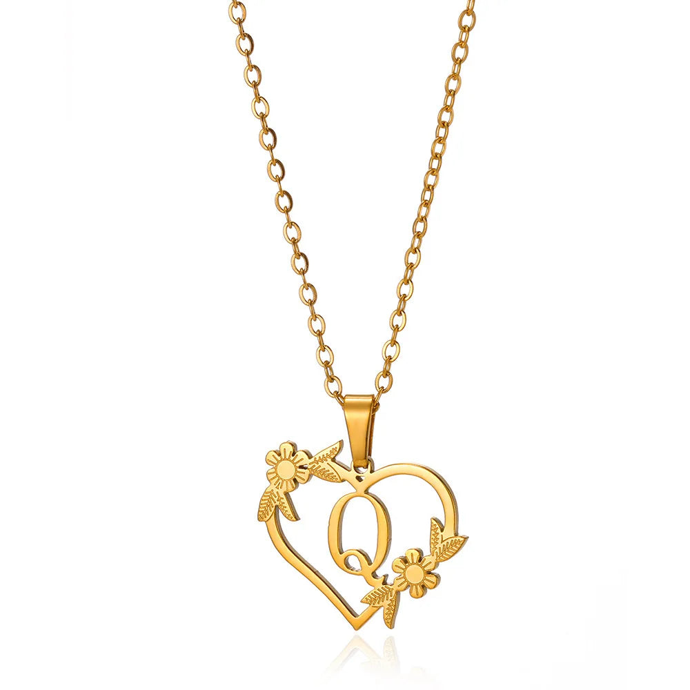 Personalized and Creative 18k Gold Plated Stainless Steel Love Flower Hollow Heart English Letter Necklace