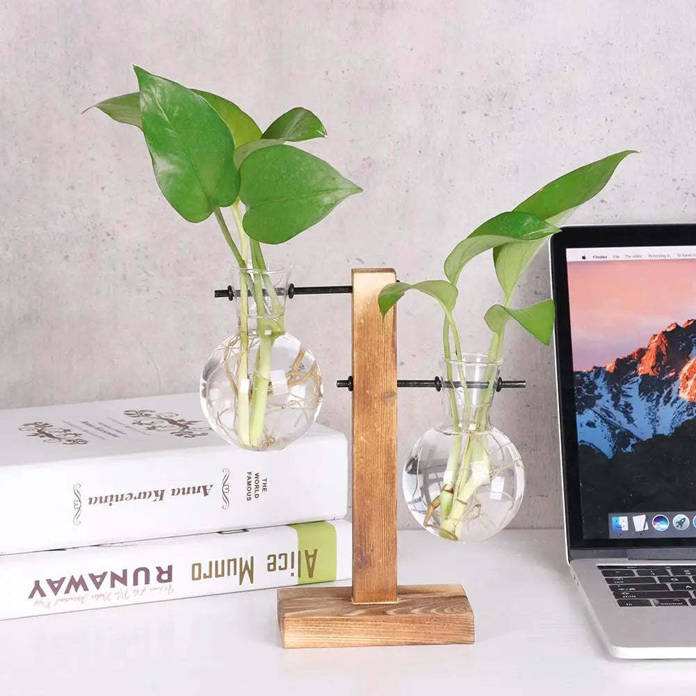 Pasu Kaca Lutsinar Bingkai Kayu Seni Besi Terarium Hiasan Meja Bonsai Pasu Bunga Meja Hidroponik Pot Bunga Tanaman