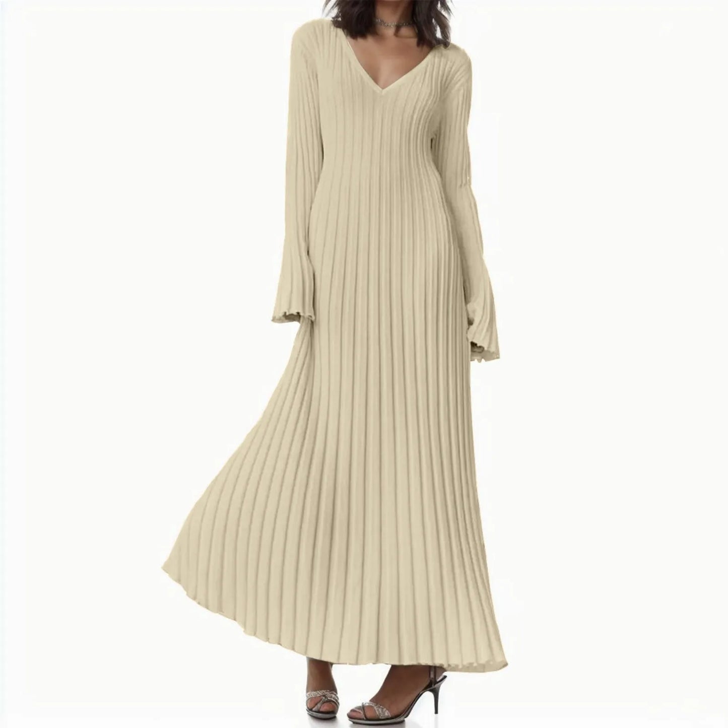 Sweater Berkait Pakaian Panjang Wanita Musim Gugur Musim Sejuk Warna Pepejal Fesyen Pakaian Kasual Lurus Longgar Lengan Panjang V-leher
