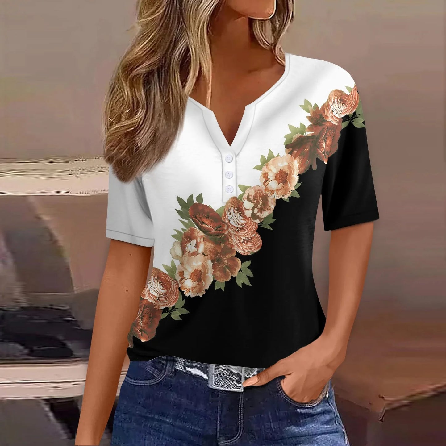 2024 Wanita Musim Panas Kasual T-shirt Fesyen Bercetak Harajuku Top Tees Streetwear Butang Asas Lengan Pendek V-Neck Tops Plus Saiz