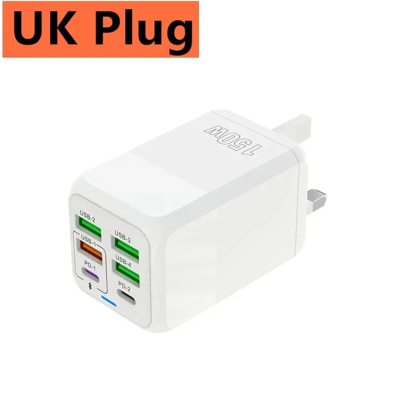 150W 6 Ports Pengecas Cepat Penyesuai Dinding Pengecasan Super Cepat PD QC 3.0 Usb C Untuk iphone Samsung ipad Xiaomi Huawei Oneplus