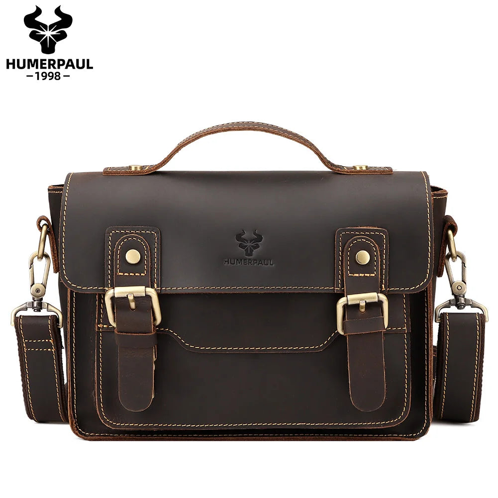 HUMERPAUL Crazy Horse Leather Beg Messenger Lelaki Vintaj Berkapasiti Besar Beg Selempang Beg Tangan Beg Tangan Perniagaan Pelbagai Fungsi