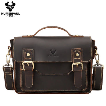 HUMERPAUL Crazy Horse Leather Beg Messenger Lelaki Vintaj Berkapasiti Besar Beg Selempang Beg Tangan Beg Tangan Perniagaan Pelbagai Fungsi
