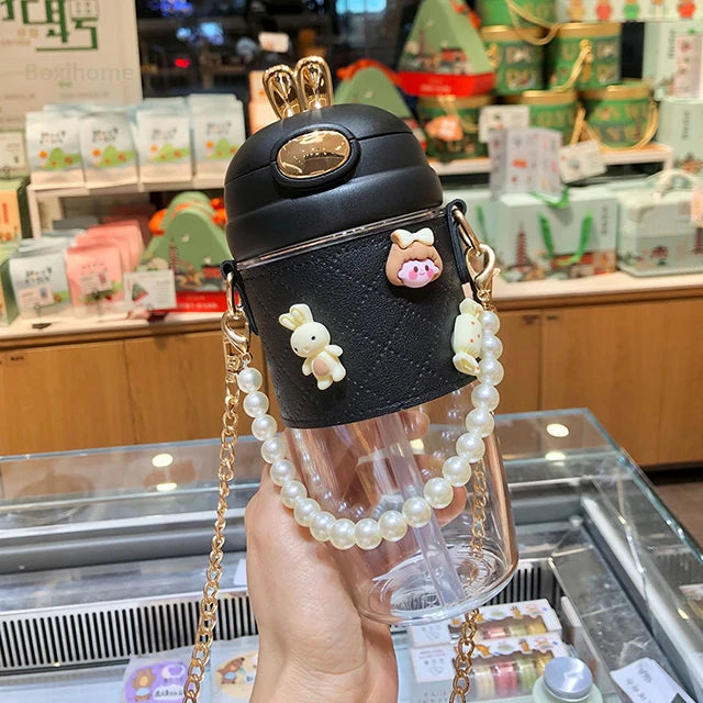 Cute Rabbit Ear Plastic Water Bottles With Straw For Girls Kids Portable Strap Student Bottle With Cup Cover Anti-drop BPA Free