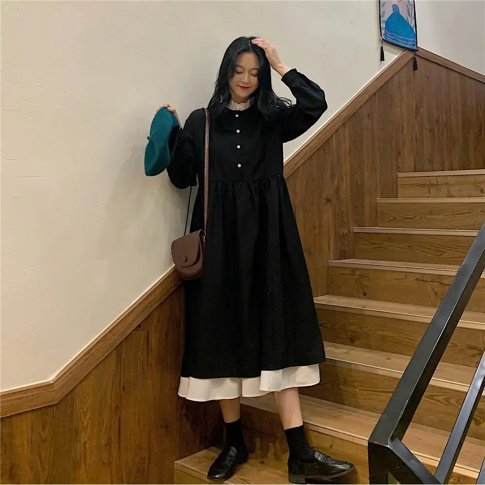 Long Sleeve Dresses Women College Style Trendy Patchwork Design Chic Korean Femme Mid-Calf Vestidos Lovely A-Line Sweet Girls