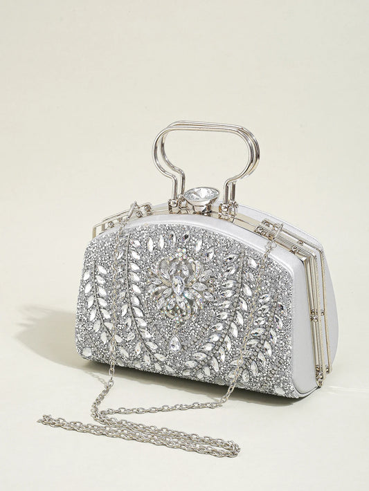 Elegant Beads Decor Mini Satchel Dinner Bag, Classic Glitter Luxury Party Handbag For Women, Festival Gift For Women