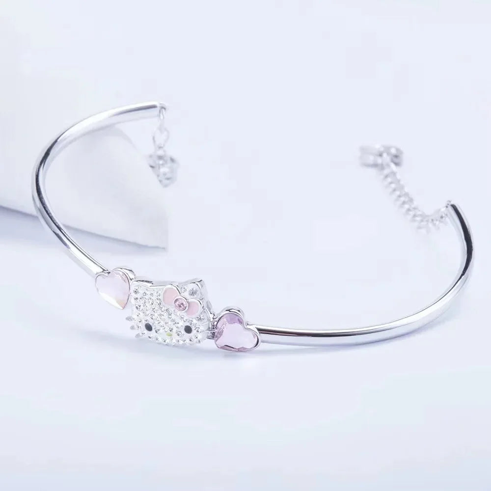 Kalung Hello Kitty Sanrio Watak Anime Pink Peach Heart Crystal Cat Gelang Tolak Tarik Loket Hiasan Pasangan Hadiah Gadis