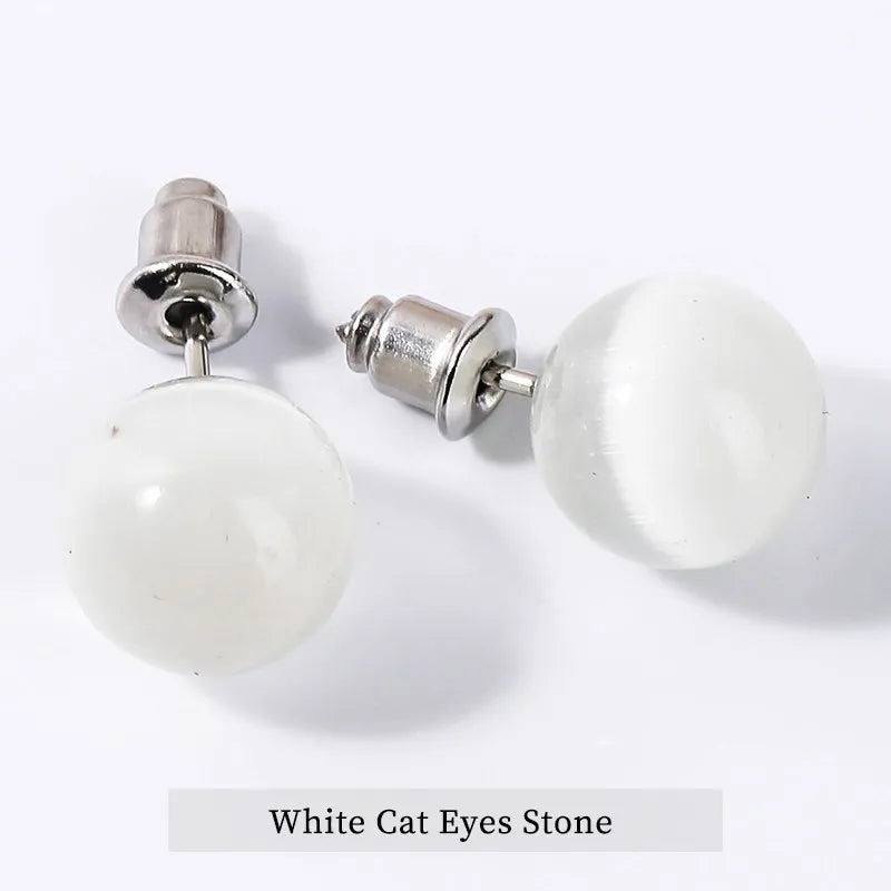 Change Better Natural Stone Amethyst Tiger Eye Agate Round Beads Earring Women Fashion Simple Stainless Steel Crystal Ear Studs