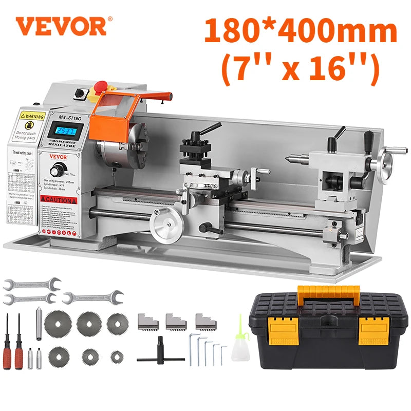 Mesin Larik Logam Mini Tanpa Berus VEVOR 7''x16'' / 180mm*400mm 800W Paparan Digital Berterusan Pembolehubah Kerja Logam Memusing